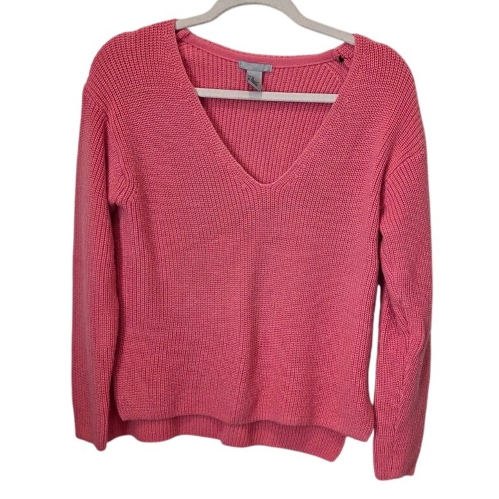 H&M XS‎ Coral Pink V-Neck Sweater Ribbed Knit Casual Pullover Top